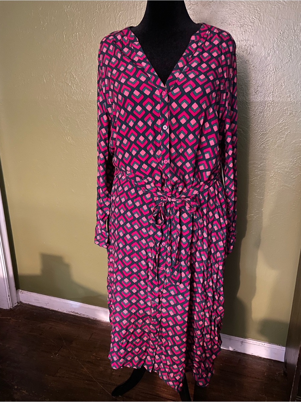 Terra & Sky Pink and Blue Geometric Long-Sleeve Button-Front Dress